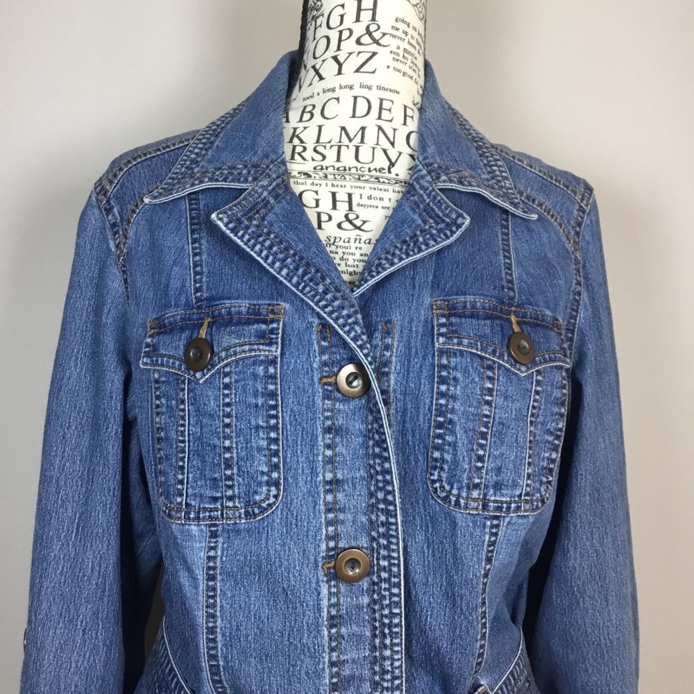 Medium blue denim jacket with belt at the waist western hippie boho size M - Picture 3 of 8